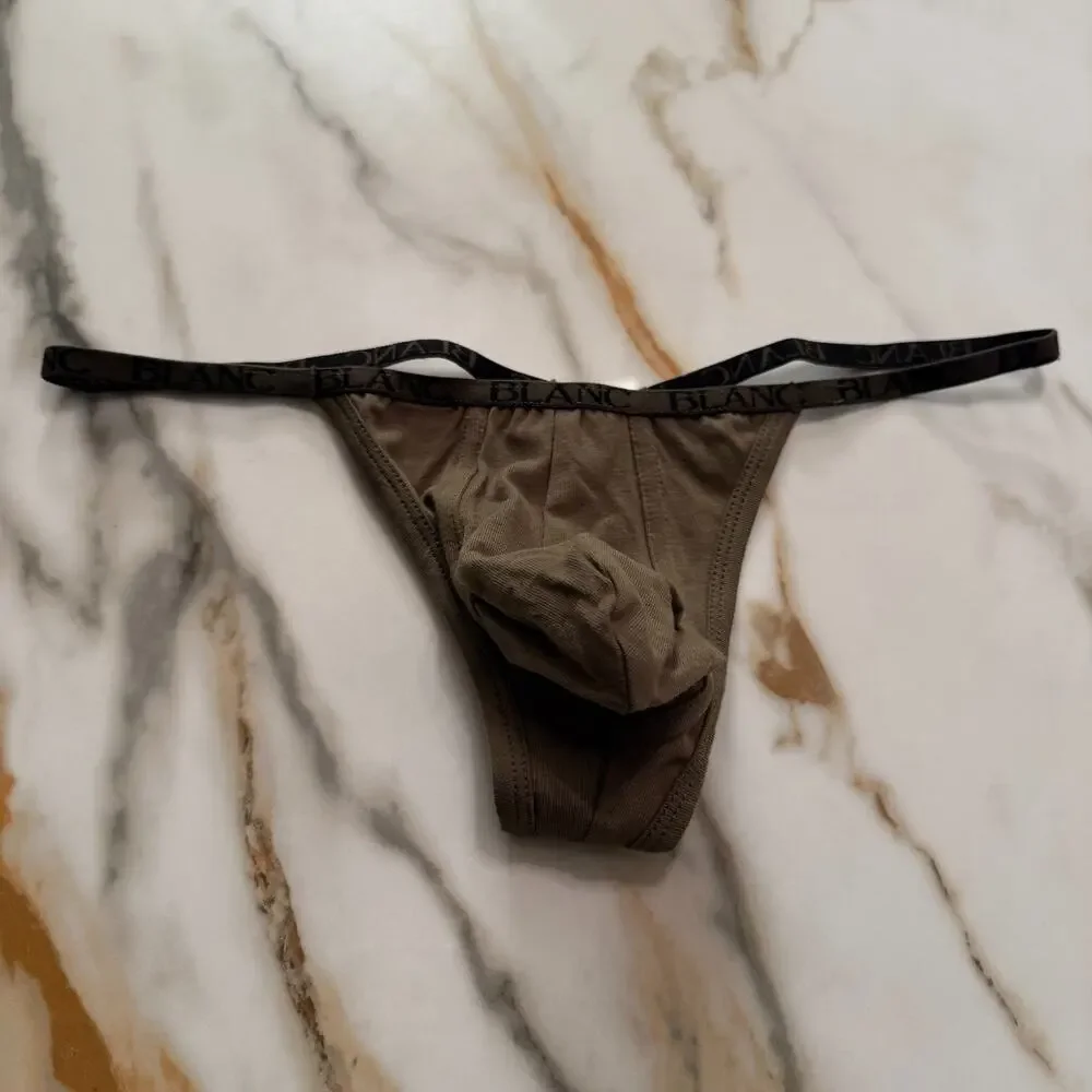 NEW Blanc Menswear Cotton BL730 Micro G-String Thong Color Army Brown Medium